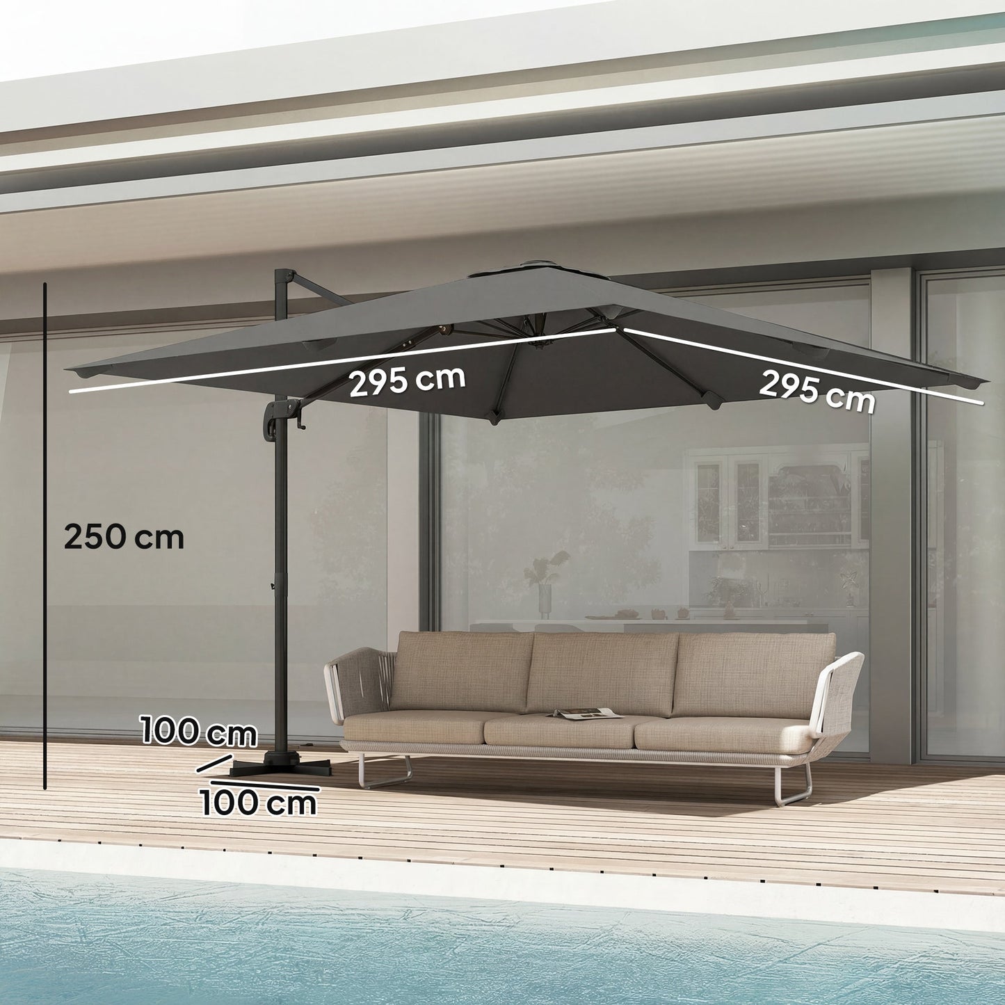 Outsunny 3 x 3 m Cantilever Parasol, Square Patio Umbrella with Crank Handle, Cross Base, Tilt, 360 degrees Rotation, Dark Grey