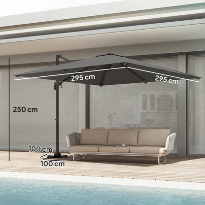 Outsunny 3 x 3 m Cantilever Parasol, Square Patio Umbrella with Crank Handle, Cross Base, Tilt, 360 degrees Rotation, Dark Grey