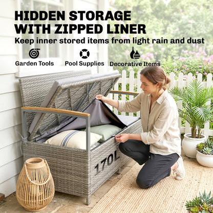 Outsunny 170 L Garden Storage Bench with Zipped Liner, 2 Seater Rattan Garden Bench with Storage, Gas Strut, Cushion, Light Grey