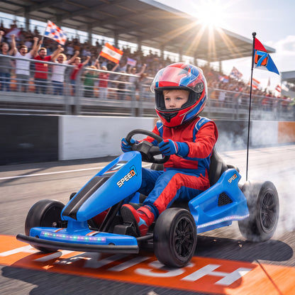 AIYAPLAY 24V Electric Drift Go Kart for Kids with Dual Motors, Soft Start, 12 KM/H High Speed, Headlight, for Ages 6-14, Blue