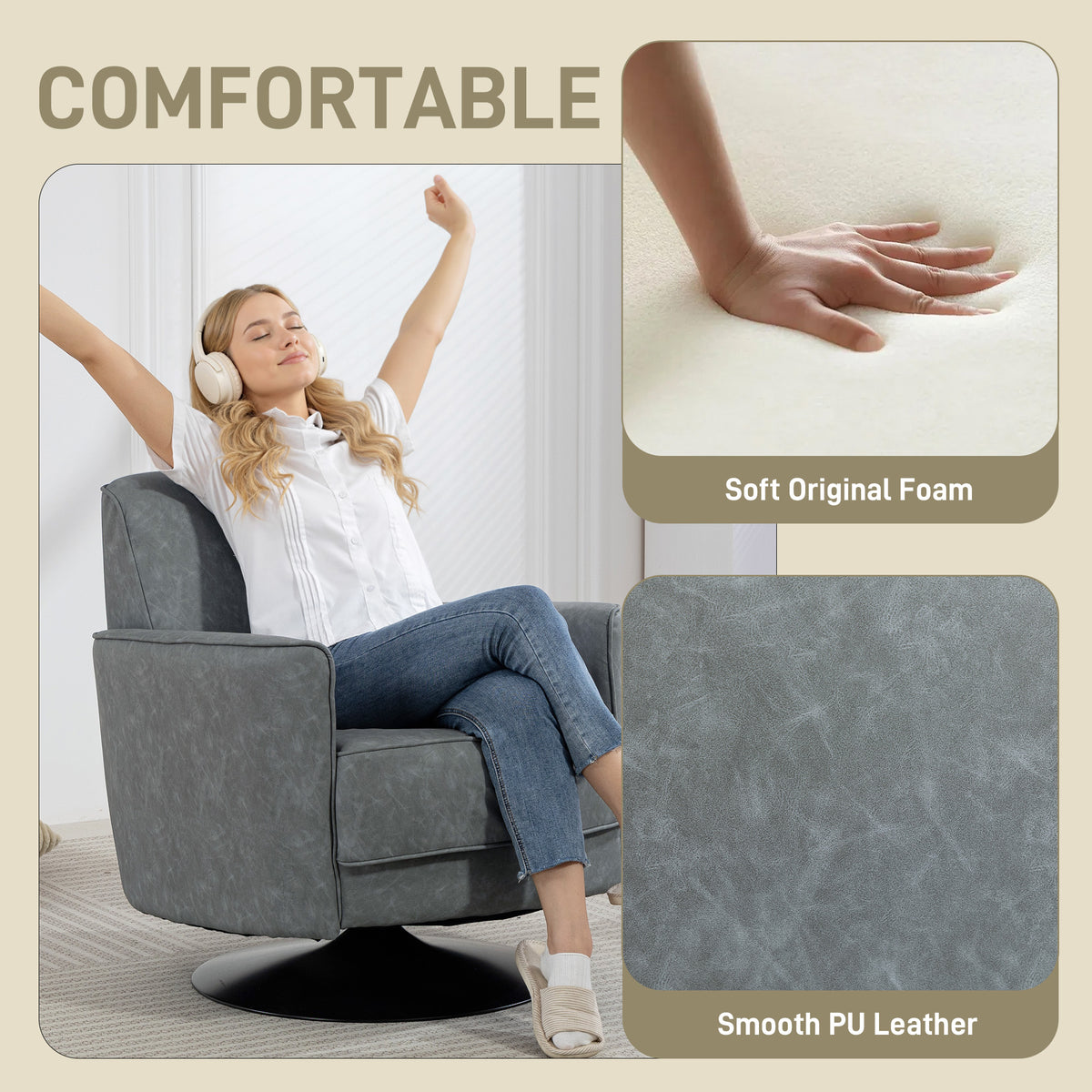 HOMCOM Upholstered Swivel Accent Chair with Thick Padding, Grey