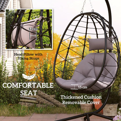 Outsunny Hanging Egg Chair Outdoor Indoor Garden Swing Chair with Folding Basket, Thickened Cushion, Garden Hanging Chair with Stand, Headrest for Patio, Balcony, Grey