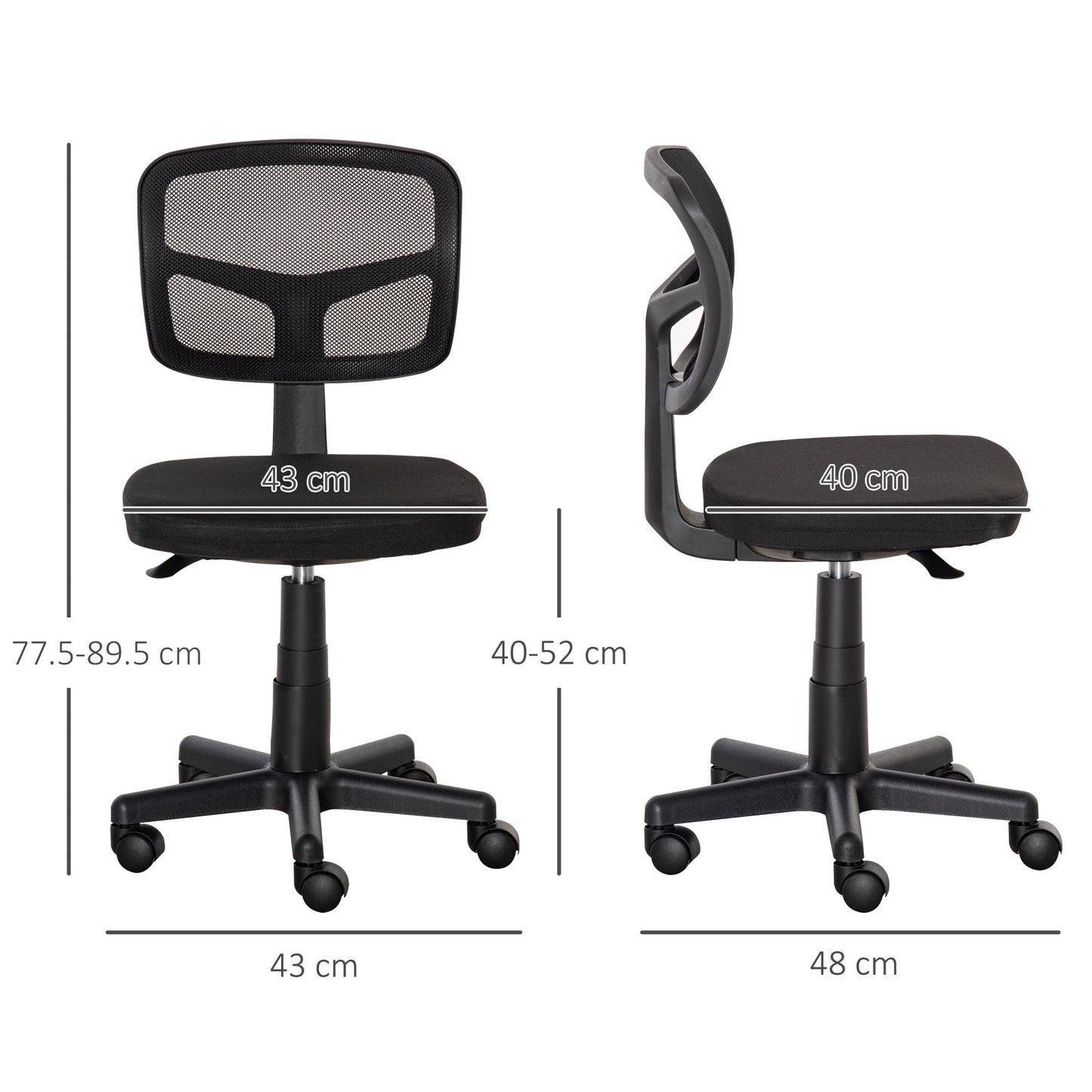 Vinsetto Small Office Chair without Arms, Ergonomic Swivel Mesh Desk Chair with Curved Back and Wheels, Height Adjustable, for Home Vanity Computer Dressing Table Study Bedroom, Holds Up to 120 kg