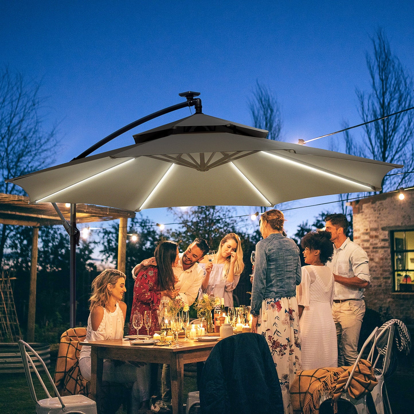 Outsunny 3(m) Cantilever Banana Parasol Hanging Umbrella with Double Roof, LED Solar lights, Crank, 8 Sturdy Ribs and Cross Base for Outdoor, Garden, Patio, Light Grey
