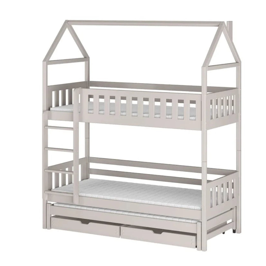 White children's bunk bed with house-shaped top on a white background