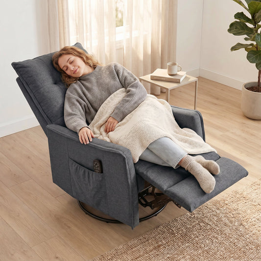 HOMCOM Recliner Armchair, Chenille Recliner Chair with Massage and Heat, 360 degrees Swivel Rocking Manual Recliner, Dark Grey
