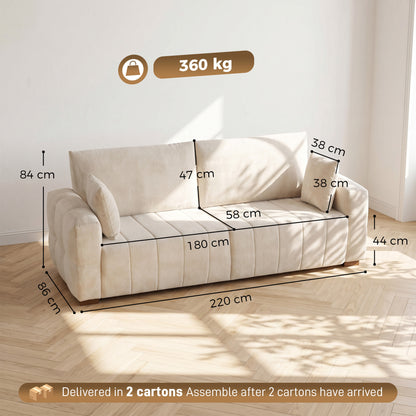 HOMCOM 3 Seater Sofa, Upholstered Velvet Couch for Bedroom with Pillows, Padded Cushion and Wood Legs, Cream White