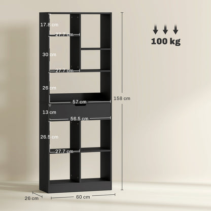 HOMCOM Tall Bookshelf with Drawer, Freestanding Bookcase for Bedroom, Living Room, Home Office, Black