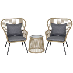 Outsunny 3 Pieces Rattan Bistro Set, Wicker Garden Furniture Set with Cushions, Glass Top Coffee Table and Chairs for Outdoor, Patio, Balcony, Brown