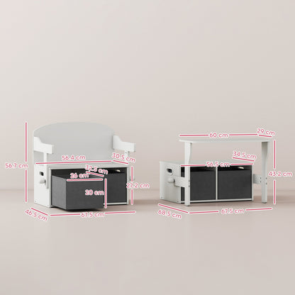 AIYAPLAY 3 in 1 Kids Storage Bench, Convertible Children Table and Chair Set with 2 Fabric Bins, Toy Storage Box, White