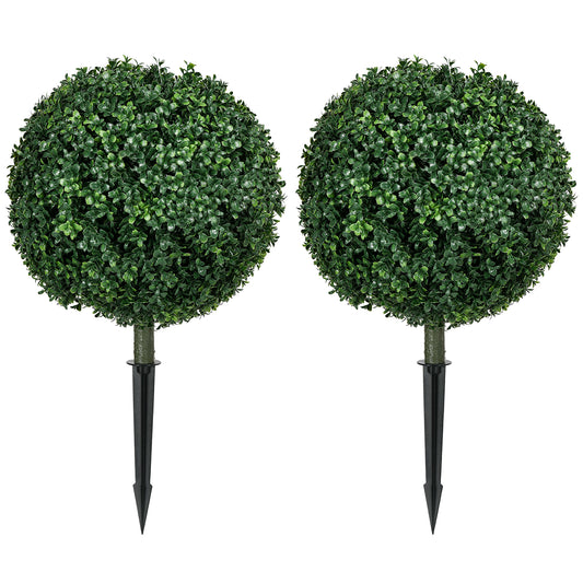 HOMCOM Artificial Boxwood Trees w/ Ground Stake, Set of 2 Ball Shaped Topiary Trees for Home Office & Living Room, UV Resistant
