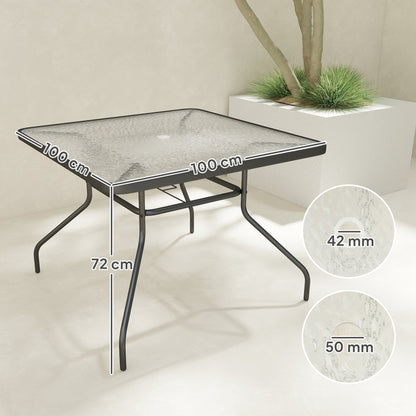 Outsunny Square Garden Dining Table with Tempered Glass Top & Umbrella Hole, 100 x 100 cm