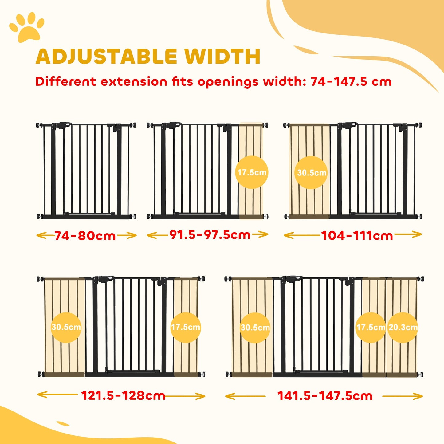 PawHut Adjustable Safety Gate w/ Three Extensions, Four Adjustable Screws, Black