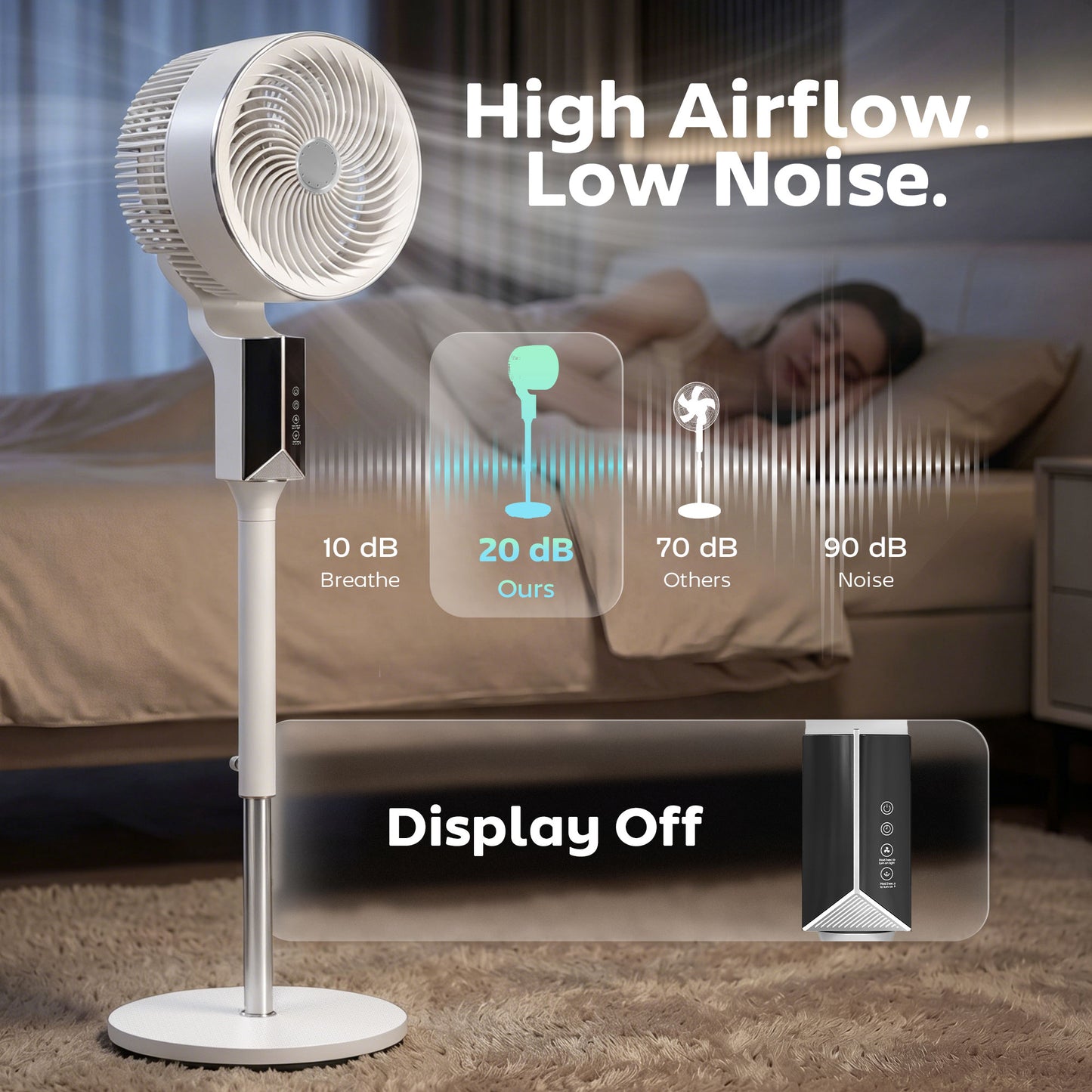HOMCOM 20 dB Silent Standing Fan for Bedroom, 46" Pedestal Fan with Remote, 85Â° Oscillating, 8 Speeds, White