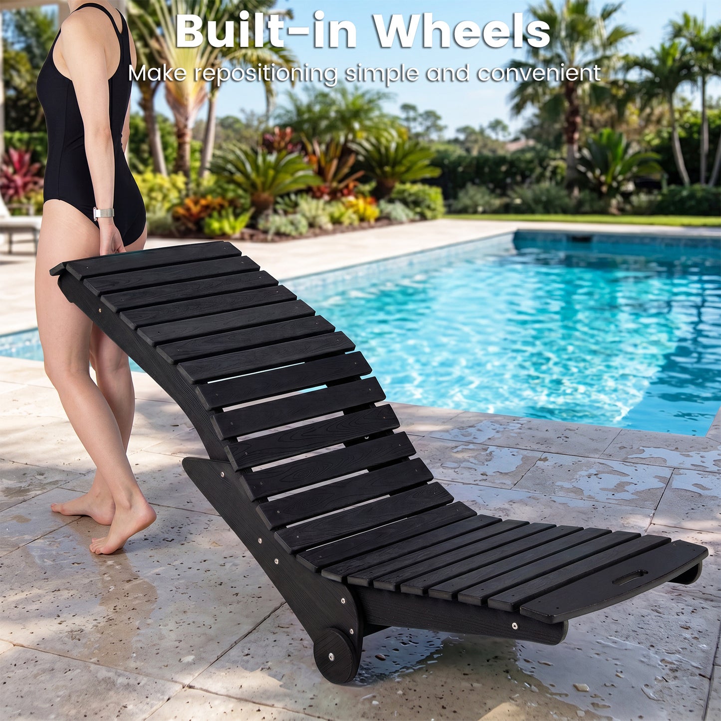 In-Pool Lounge Chair Ergonomic S-Curve HDPE Pool Chaise Lounger with Wheels-Black