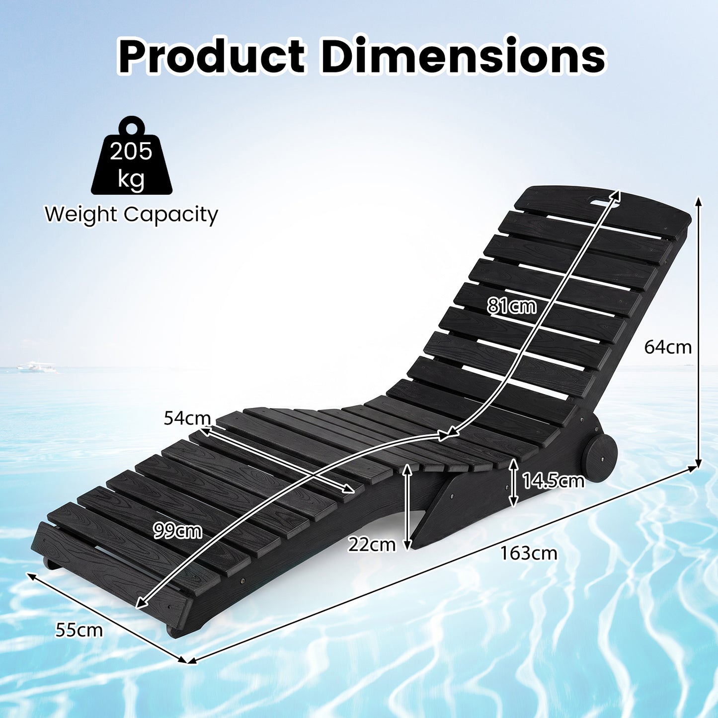 In-Pool Lounge Chair Ergonomic S-Curve HDPE Pool Chaise Lounger with Wheels-Black