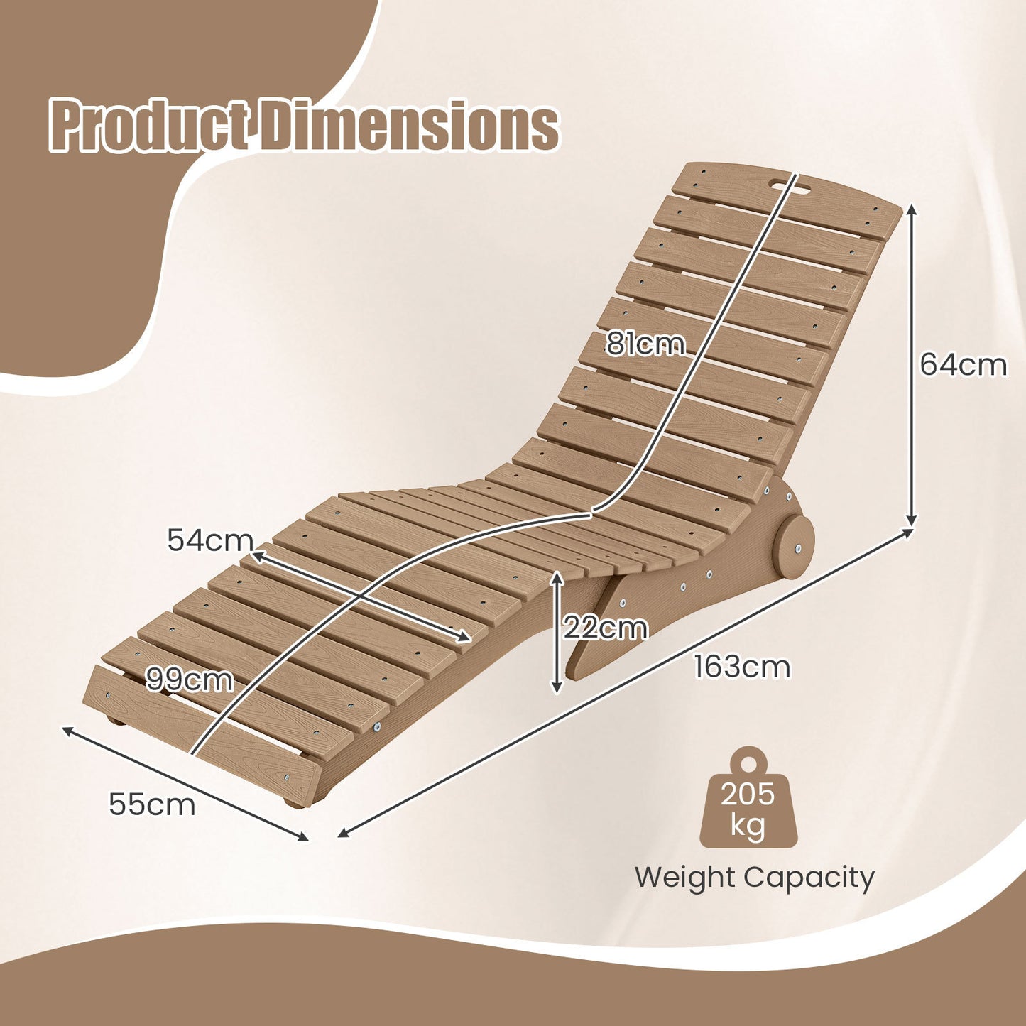 In-Pool Lounge Chair Ergonomic S-Curve HDPE Pool Chaise Lounger with Wheels-Brown