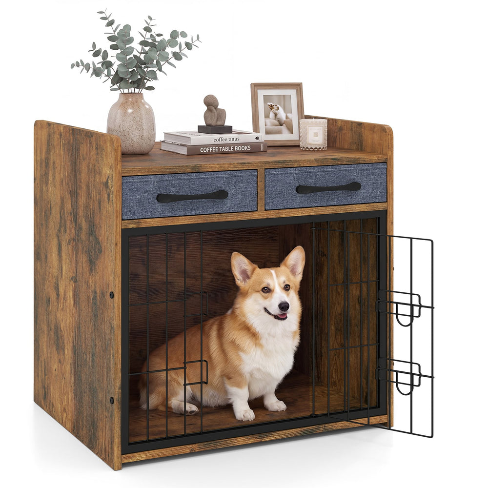 Indoor Dog Cage with 2 Fabric Drawers and Lockable Door-Rustic Brown