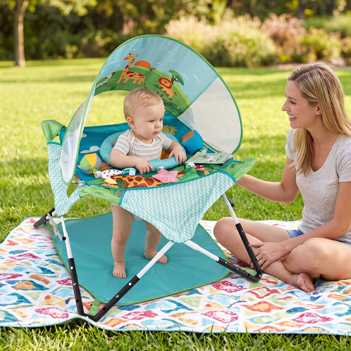 Indoor/Outdoor Infant Activity Center with Interactive Toys and 3 Adjustable Heights for 6+ Months-Blue