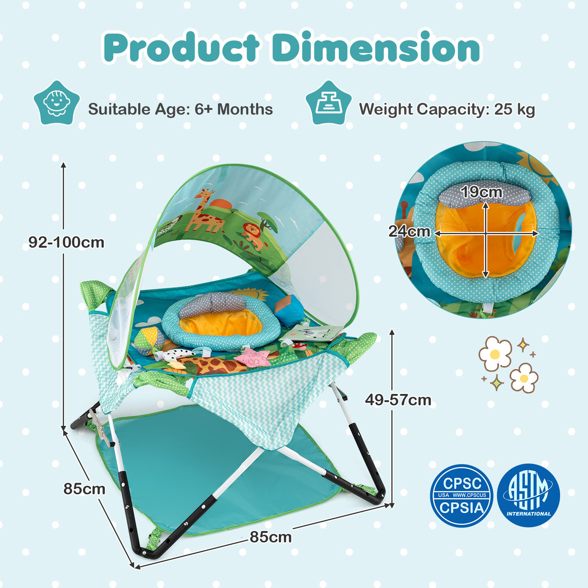 Indoor/Outdoor Infant Activity Center with Interactive Toys and 3 Adjustable Heights for 6+ Months-Blue