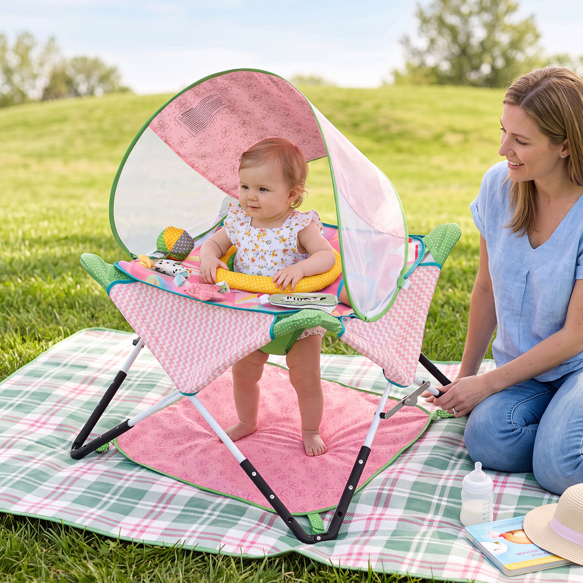 Indoor/Outdoor Infant Activity Center with Interactive Toys and 3 Adjustable Heights for 6+ Months-Pink