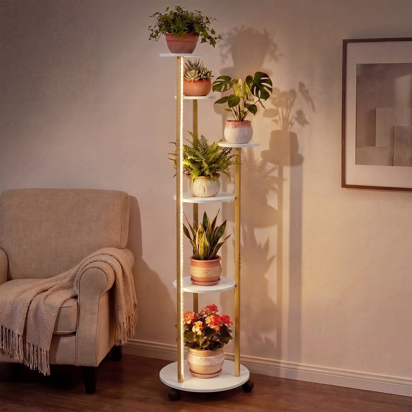 Indoor Plant Stand 6-Tier Corner Shelf with Locking Wheels-White