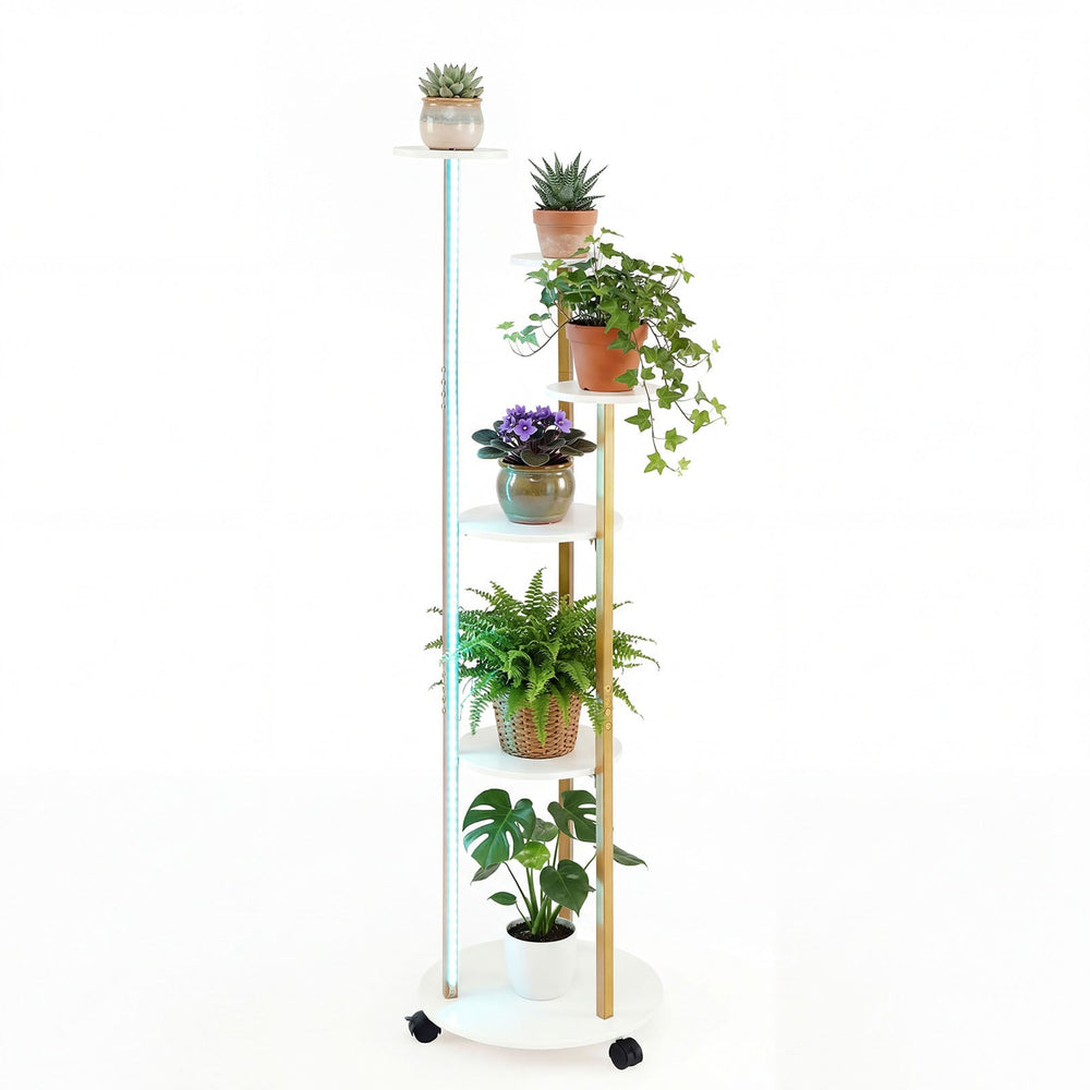 Indoor Plant Stand 6-Tier Corner Shelf with Locking Wheels-White