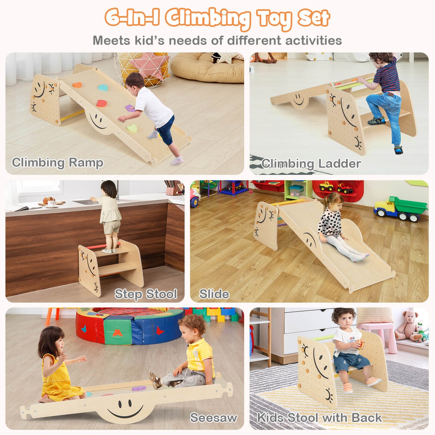 Indoor Climbing Toys for Kids Wooden Climber Set with Step Stool-Colourful