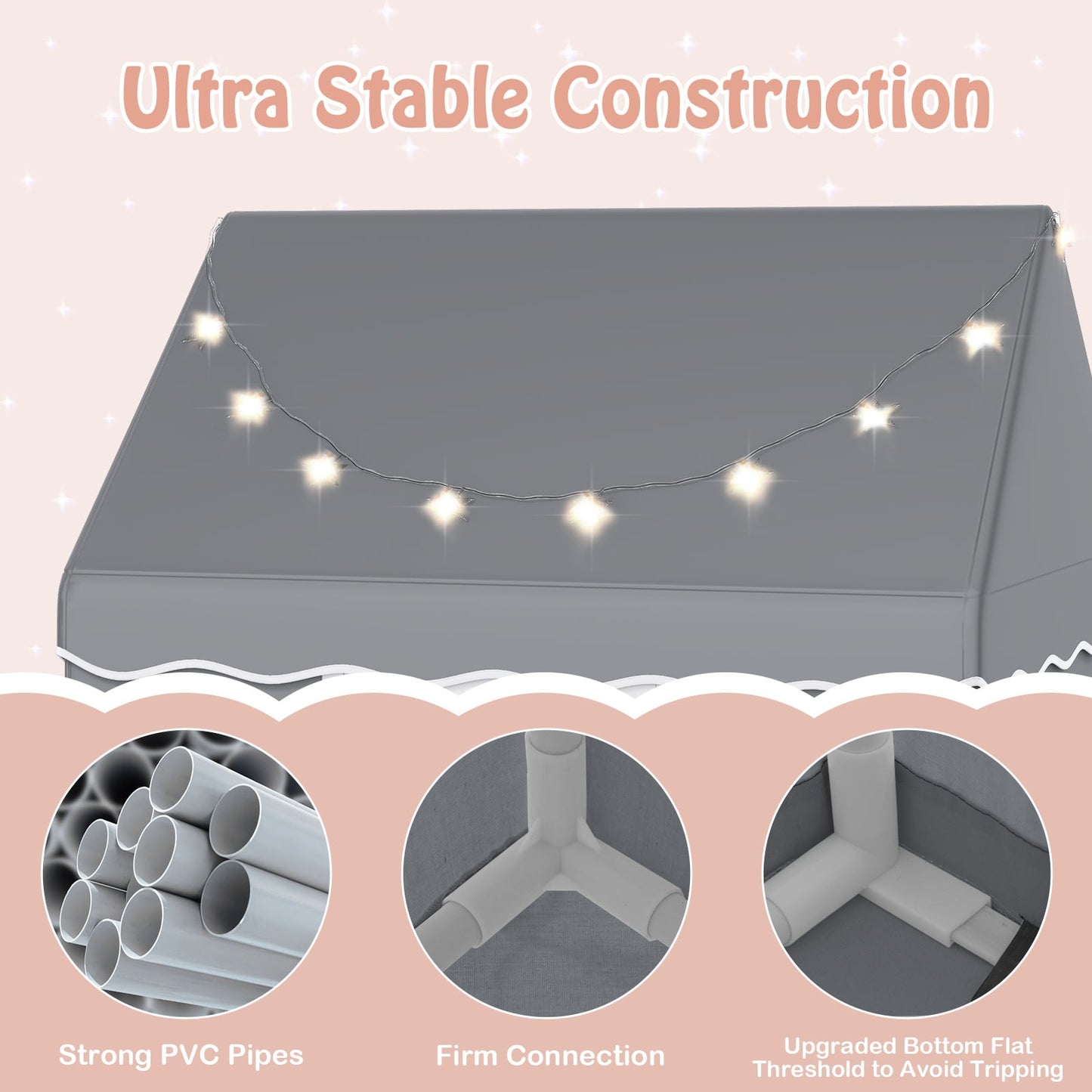 Indoor Kids Play Tent with Star Lights for Children Boys Girls Gift-Grey
