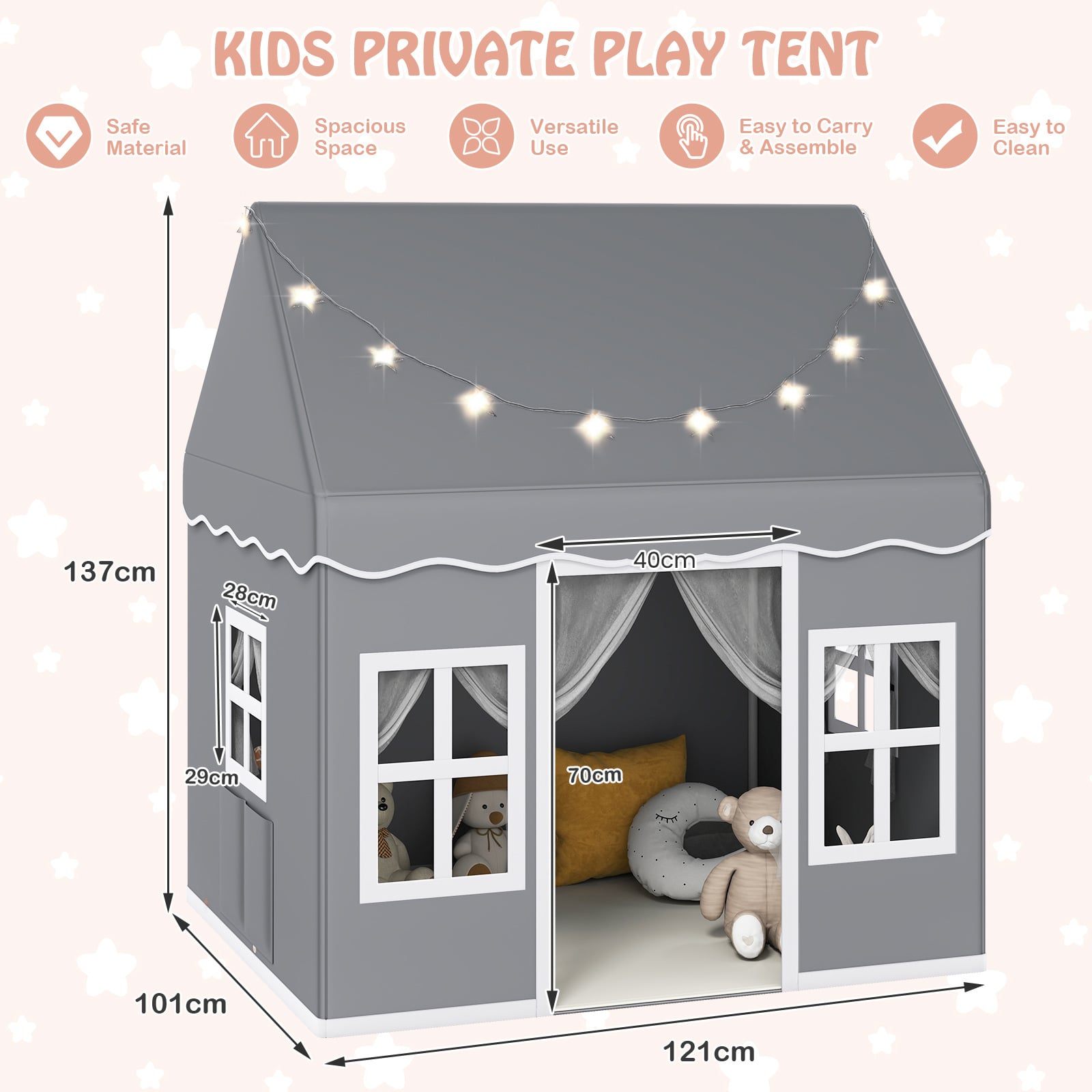 Indoor Kids Play Tent with Star Lights for Children Boys Girls Gift-Grey