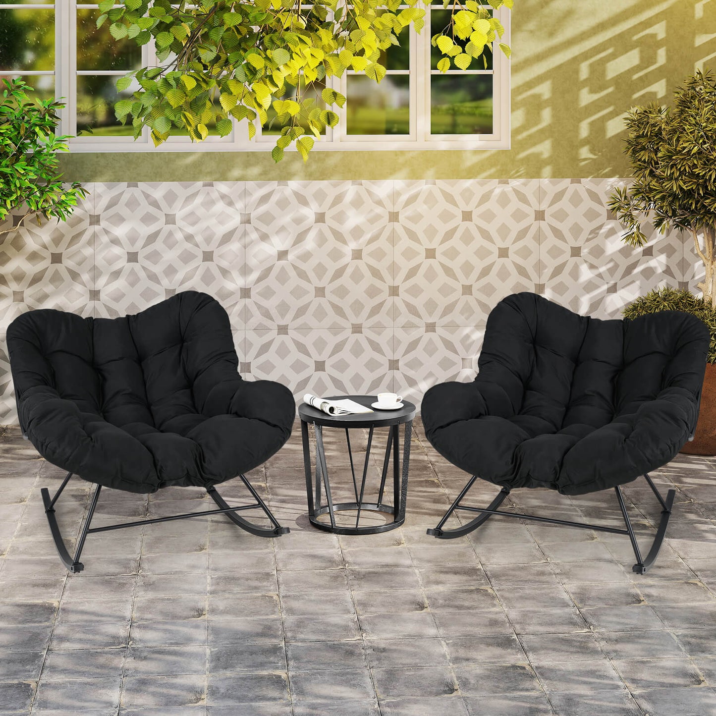 Indoor Outdoor Rocking Chair Oversized Egg Papasan Chair-Black