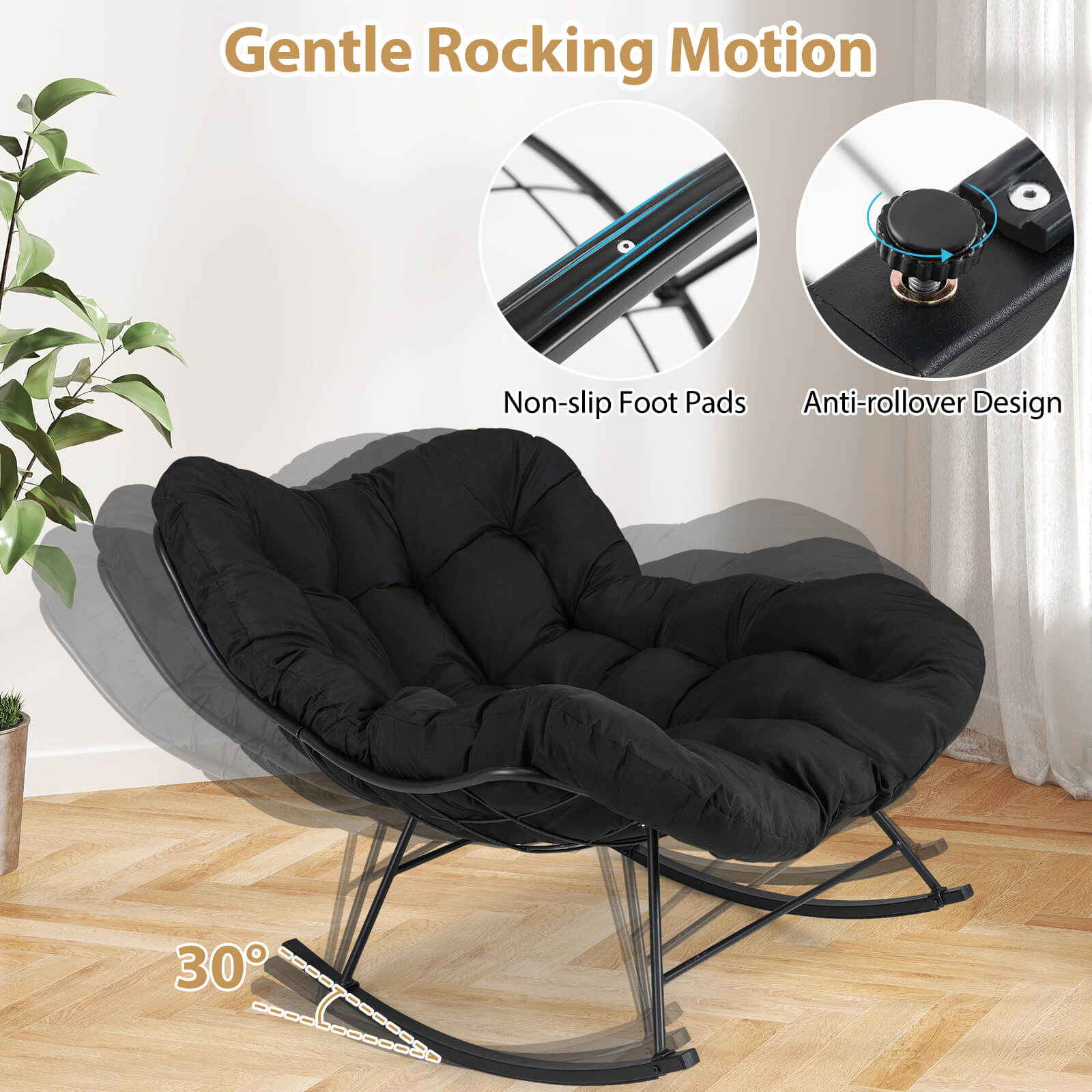 Indoor Outdoor Rocking Chair Oversized Egg Papasan Chair-Black