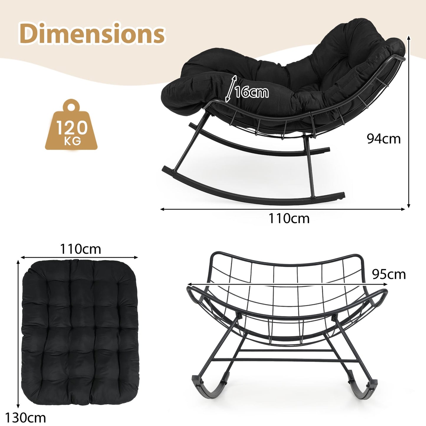 Indoor Outdoor Rocking Chair Oversized Egg Papasan Chair-Black