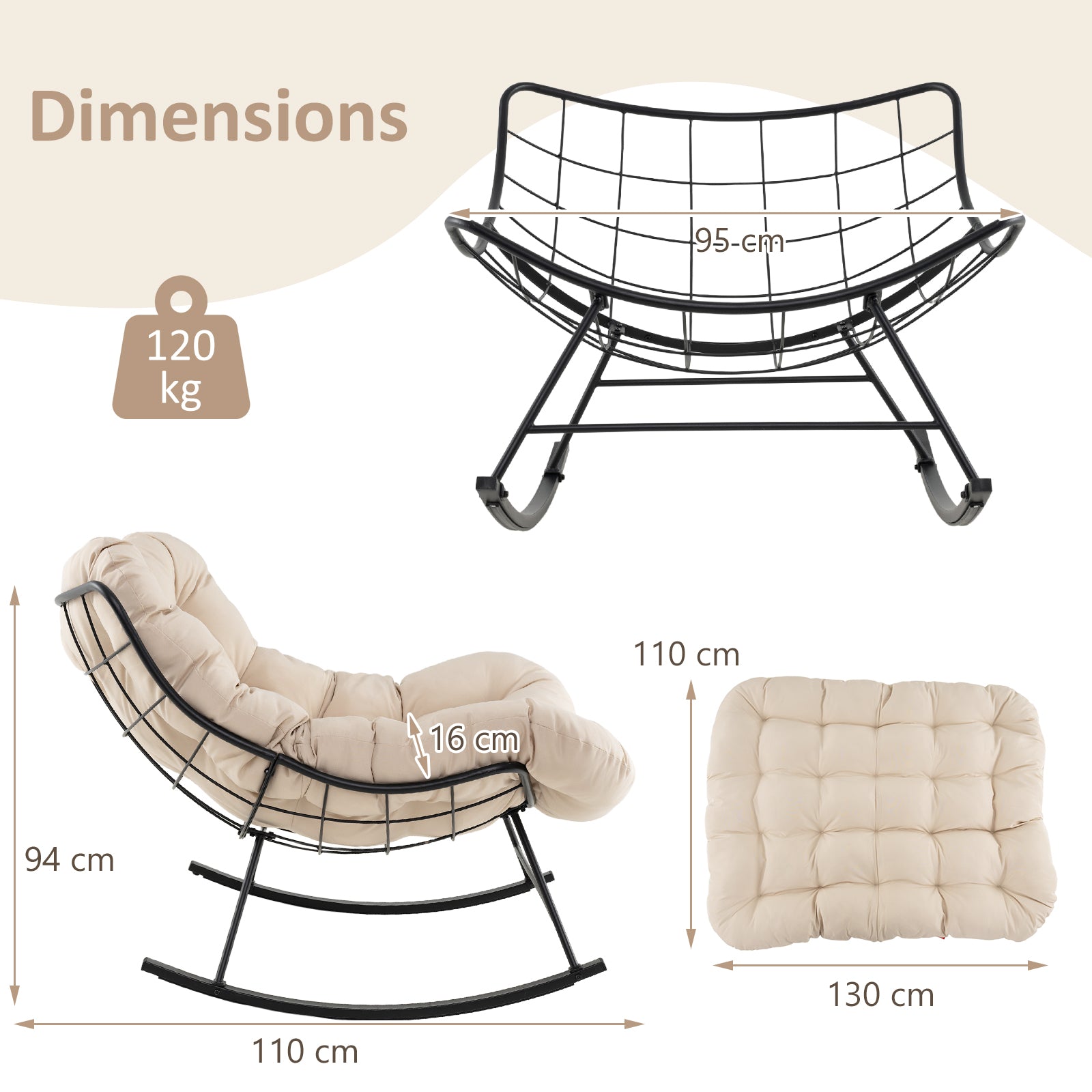 Indoor Outdoor Rocking Chair Oversized Egg Papasan Chair-Beige