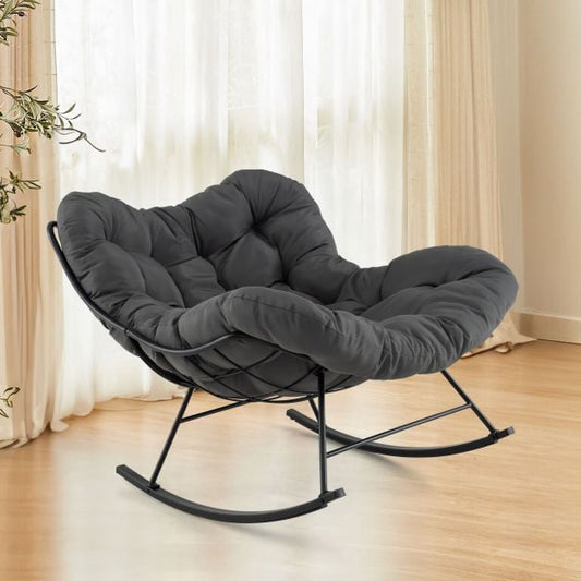 Oversized Papasan Patio Rocking Chair with Padded Cushion and Metal Frame-Grey