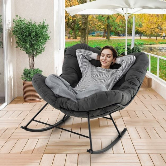 Oversized Papasan Patio Rocking Chair with Padded Cushion and Metal Frame-Grey