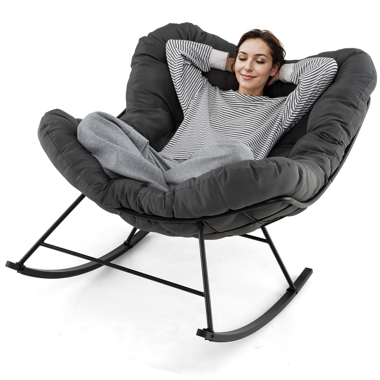 Indoor Outdoor Rocking Chair Oversized Egg Papasan Chair-Grey