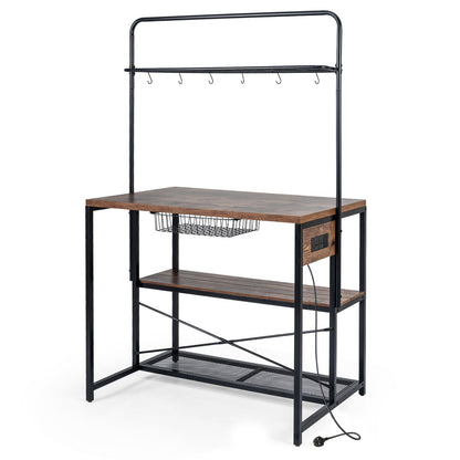 Industrial Bakers Rack Storage Island with Pull-out Basket and 6 Hooks for Home-Black