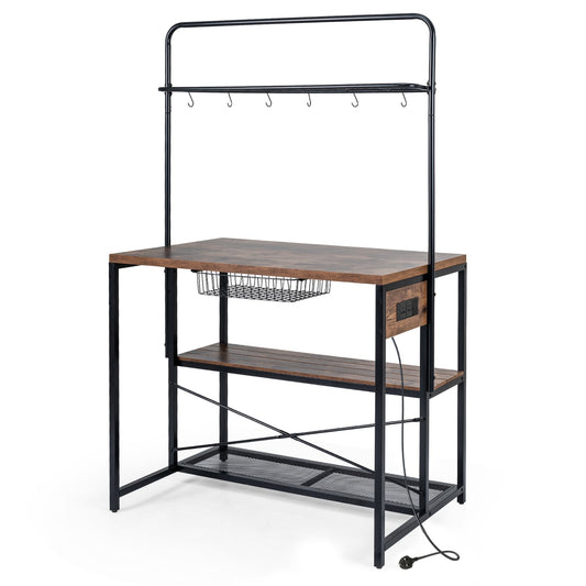 Industrial Bakers Rack Storage Island with Pull-out Basket and 6 Hooks for Home-Black