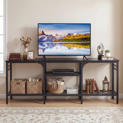 Industrial Entertainment TV Stand for 65" TVs with Metal Mesh Shelves and 4 Hanging Hooks-Black