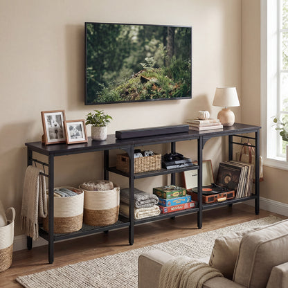 Industrial Entertainment TV Stand for 65" TVs with Metal Mesh Shelves and 4 Hanging Hooks-Black
