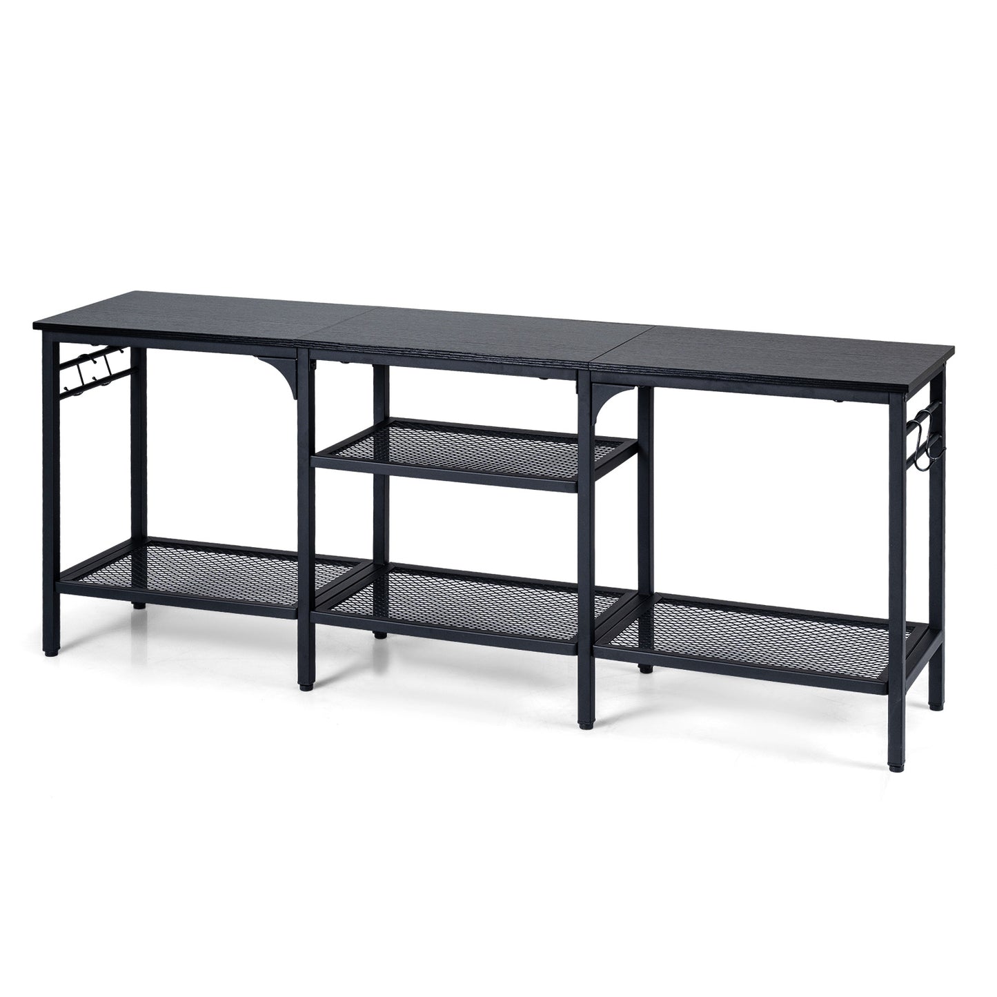Industrial Entertainment TV Stand for 65" TVs with Metal Mesh Shelves and 4 Hanging Hooks-Black