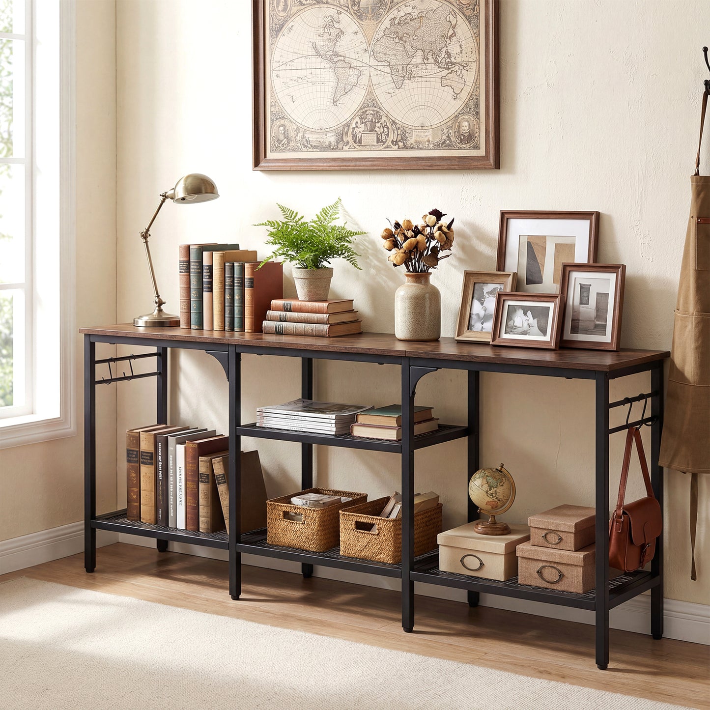 Industrial Entertainment TV Stand for 65" TVs with Metal Mesh Shelves and 4 Hanging Hooks-Rustic Brown