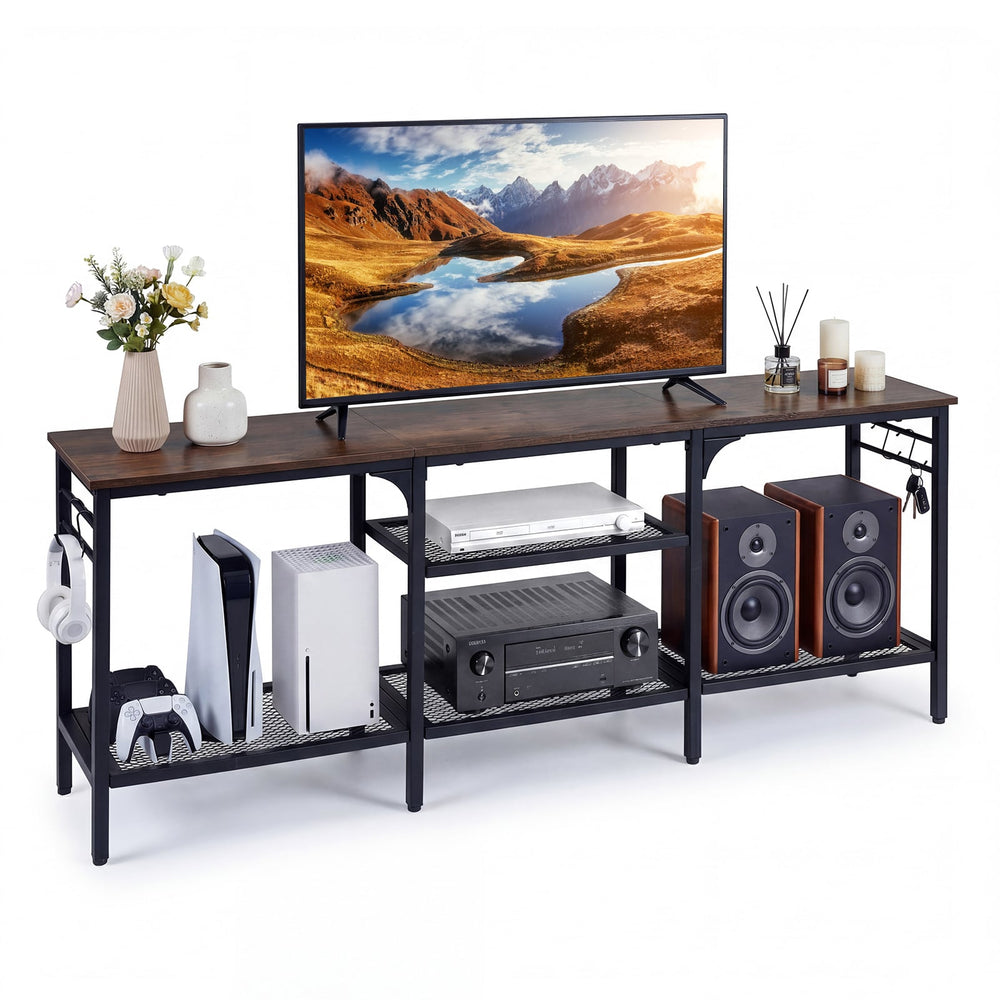 Industrial Entertainment TV Stand for 65" TVs with Metal Mesh Shelves and 4 Hanging Hooks-Rustic Brown