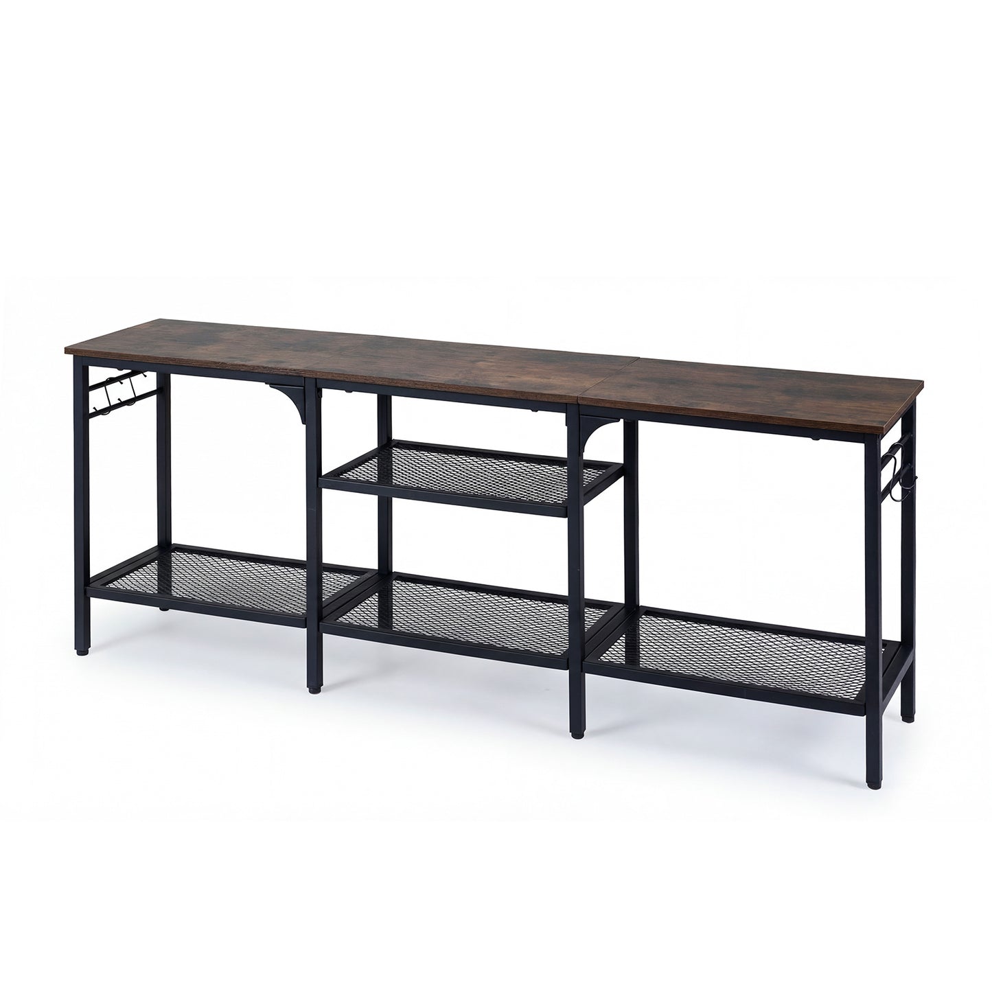 Industrial Entertainment TV Stand for 65" TVs with Metal Mesh Shelves and 4 Hanging Hooks-Rustic Brown