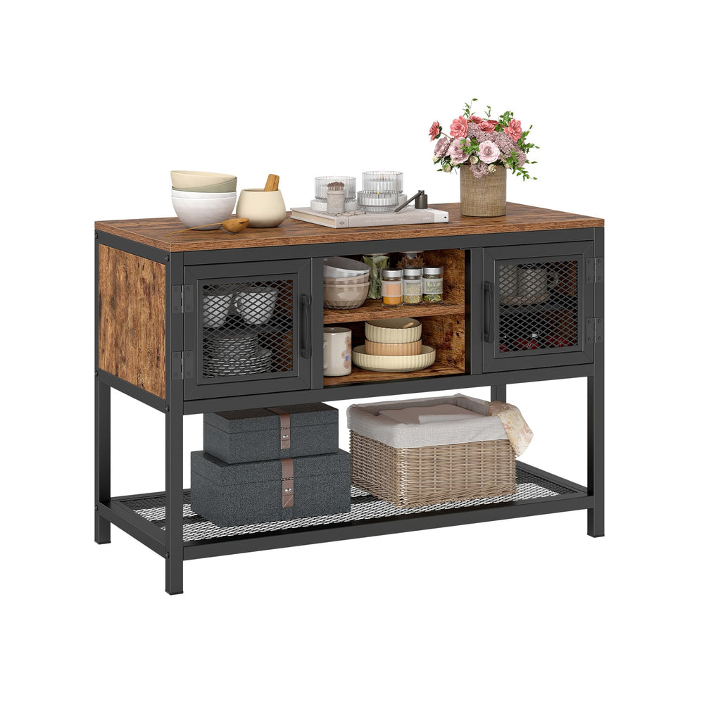 Industrial Entryway Table with Storage Sideboard Buffet Cabinet with 2 Metal Mesh Doors-Rustic Brown