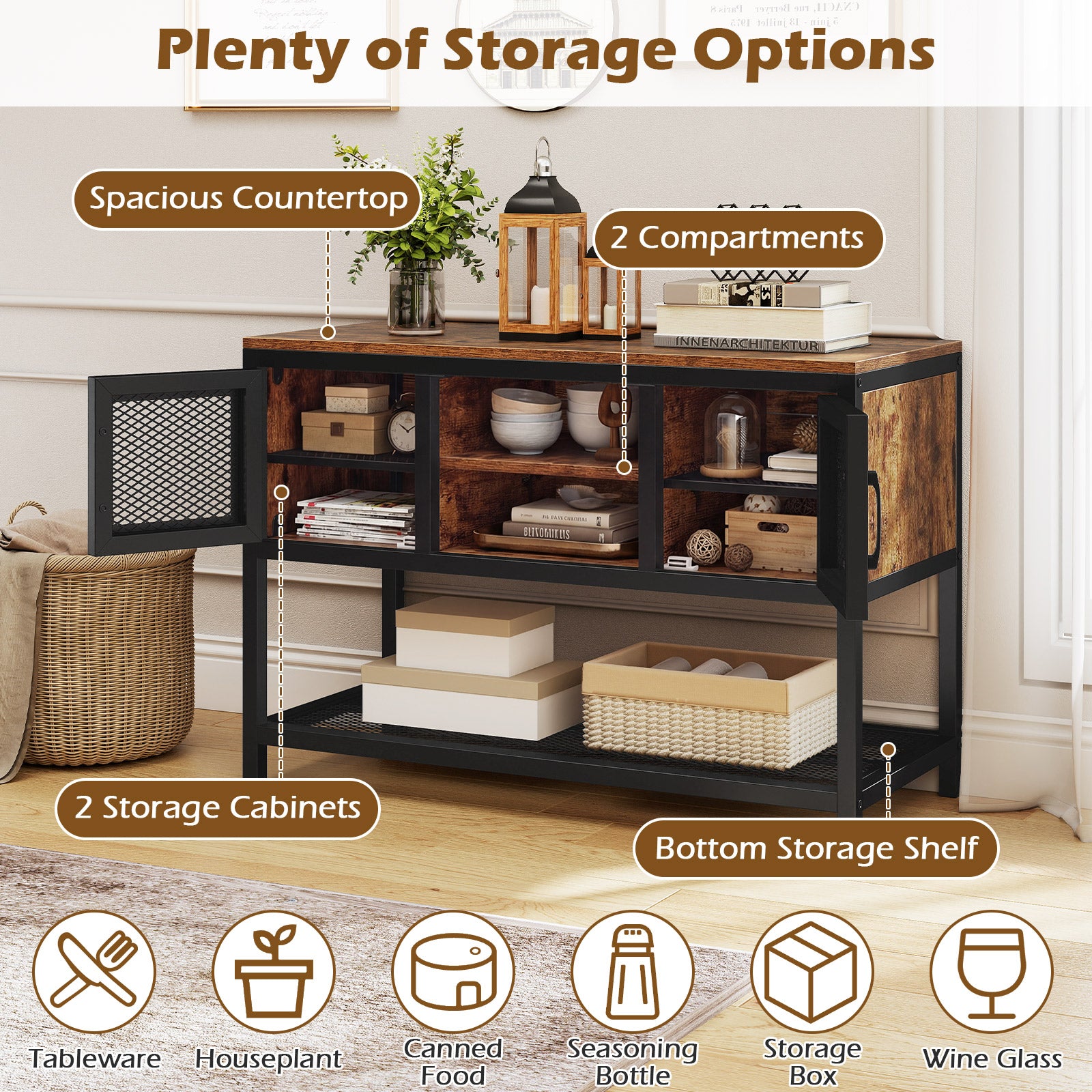 Industrial Entryway Table with Storage Sideboard Buffet Cabinet with 2 Metal Mesh Doors-Rustic Brown
