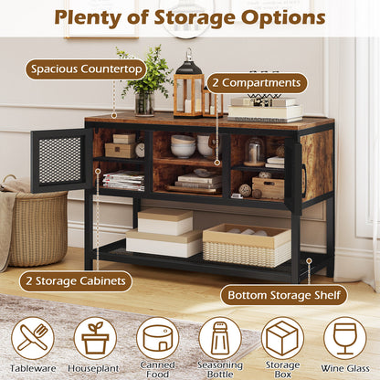 Industrial Entryway Table with Storage Sideboard Buffet Cabinet with 2 Metal Mesh Doors-Rustic Brown