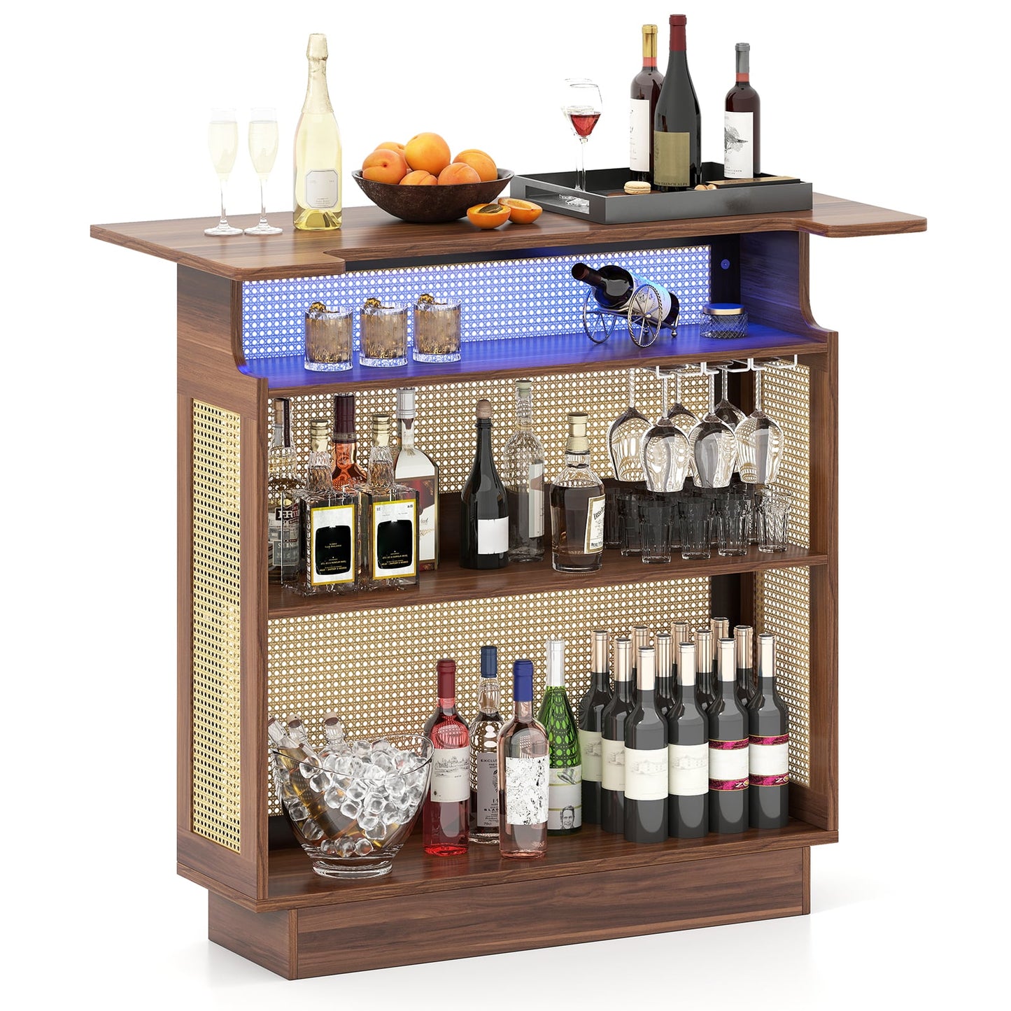 Industrial Home Bar Unit with RGB LED Light and App Control for Kitchen Living Room-Brown