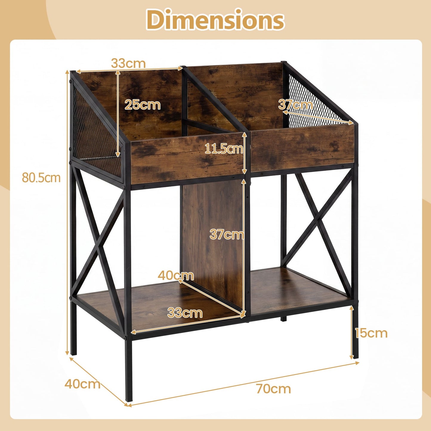 Industrial Magazine Books Record Holder with Metal Frame and Anti-tip Kits Holds up to 250 Albums-Rustic Brown